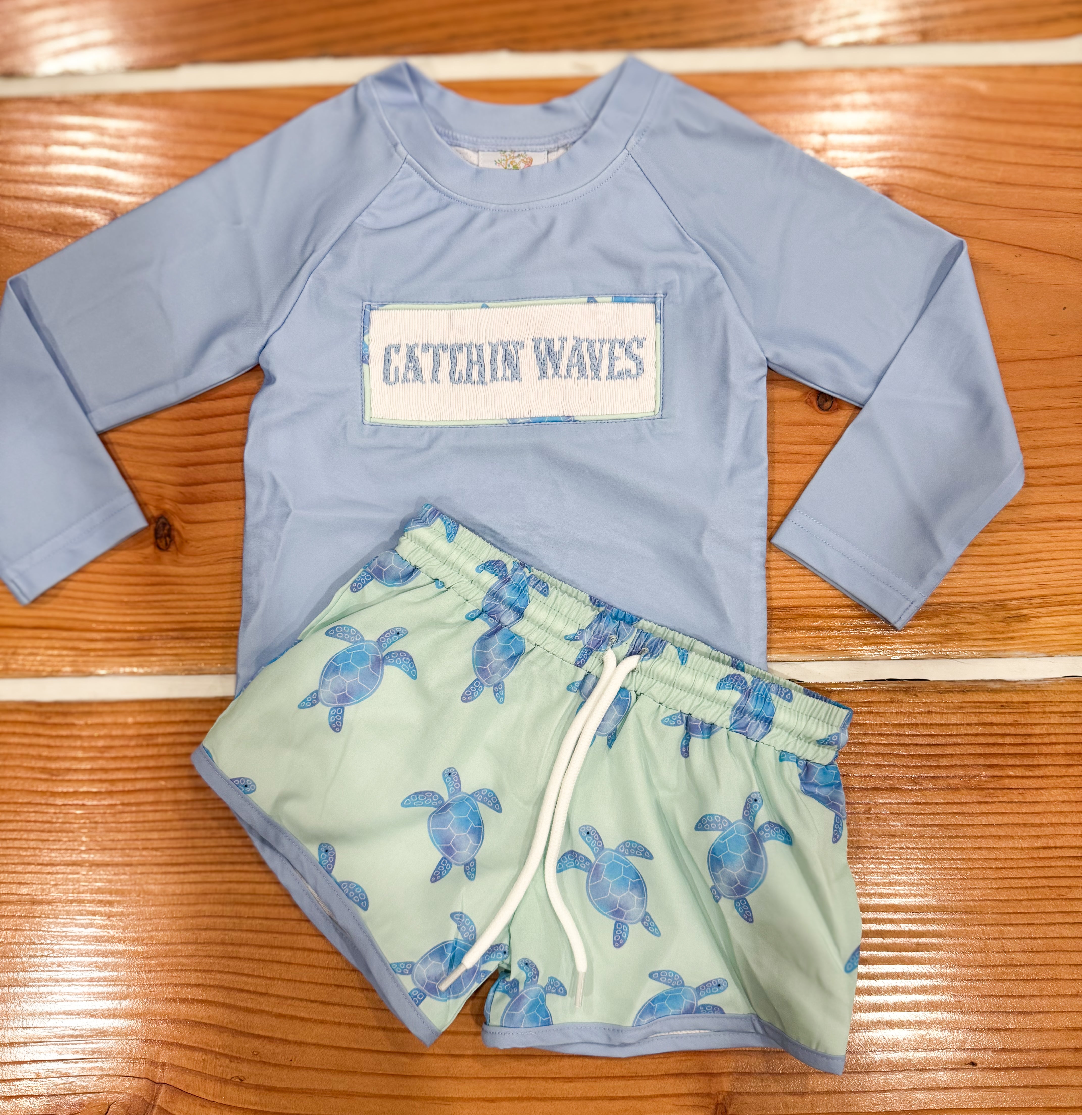 Smocked “CATCHIN WAVES” Boys 2 Piece Sea Turtle Swimsuit