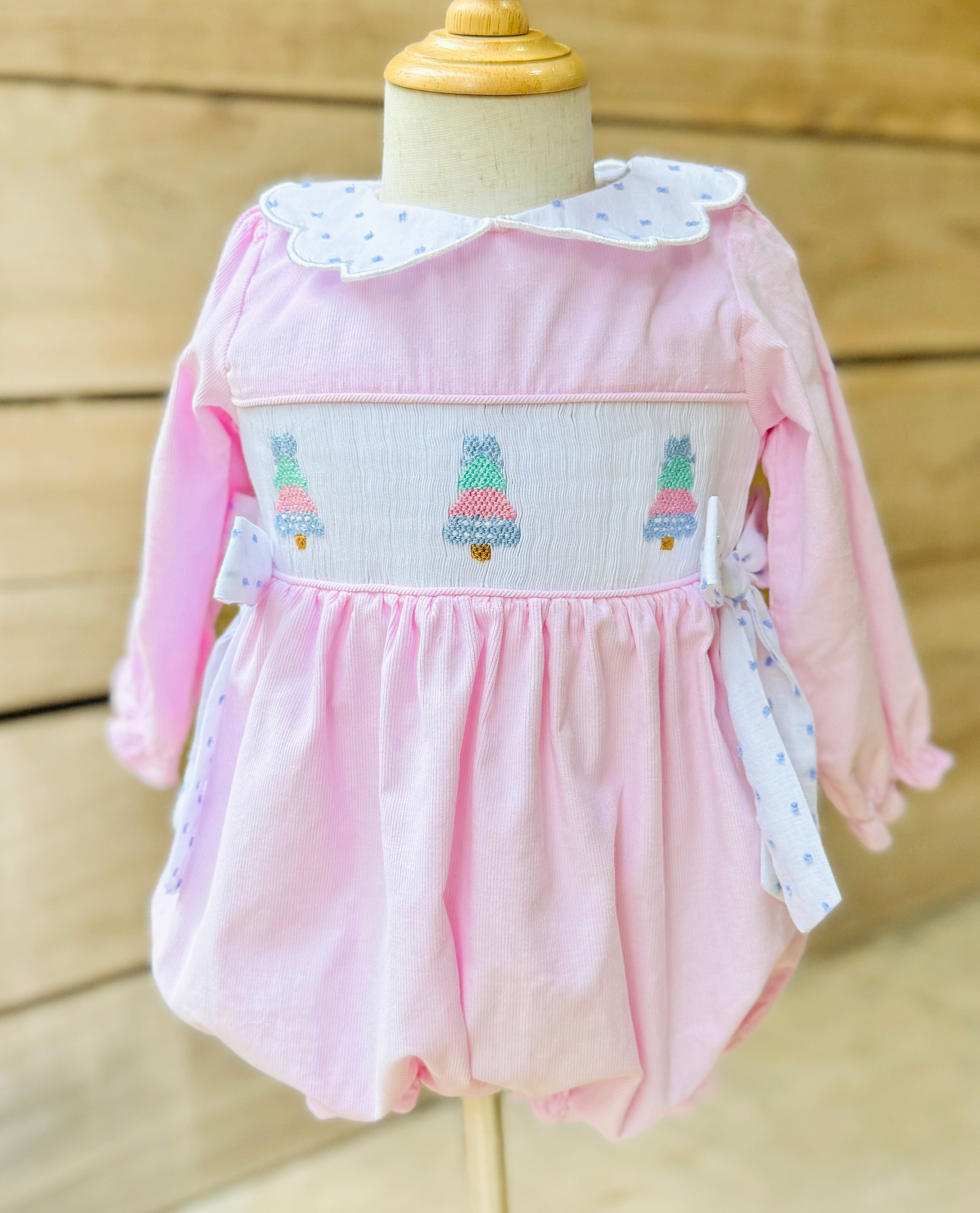 Girls Pastel Christmas Trees Smocked Corduroy Bubble