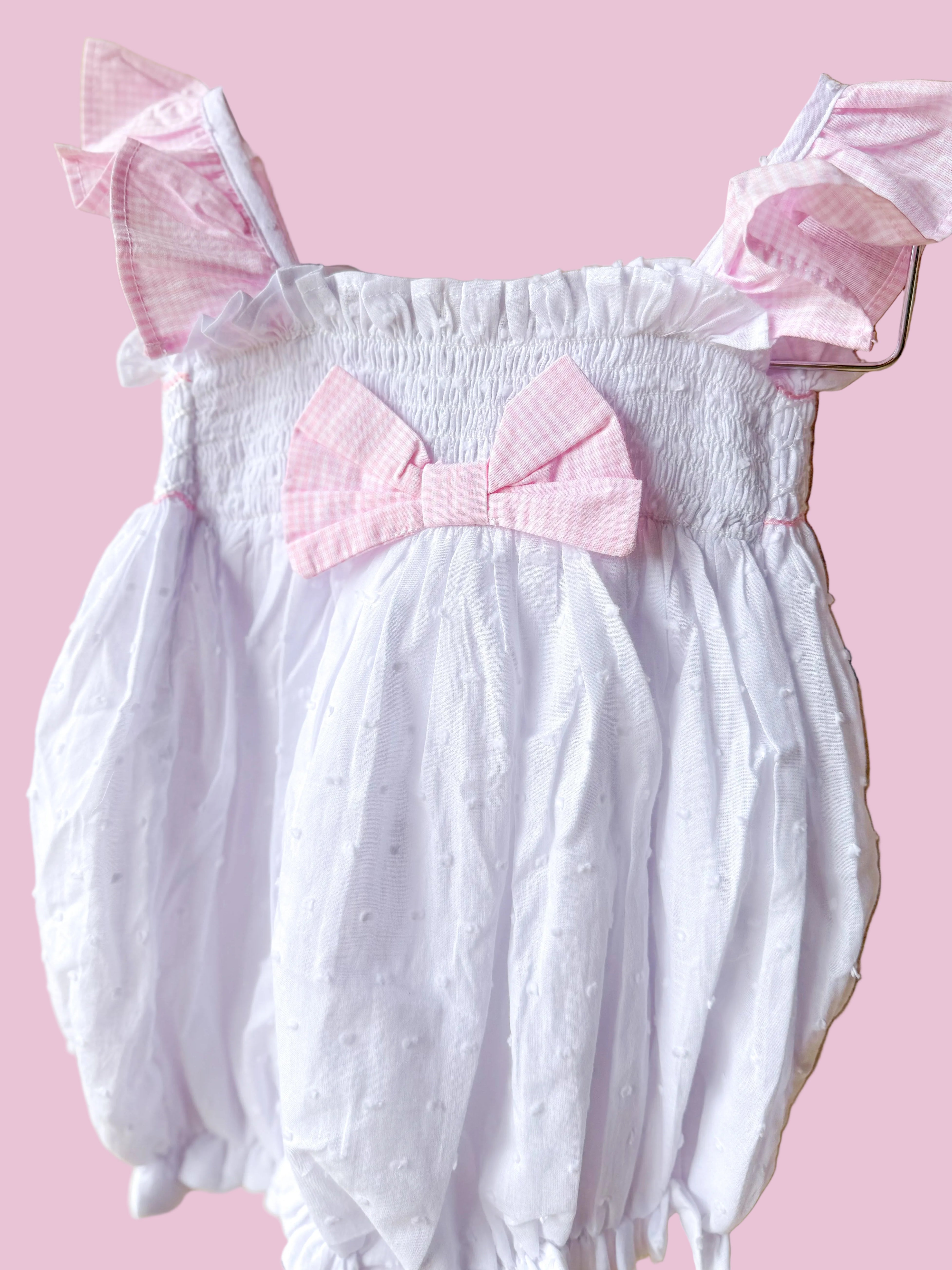 Girls White Swiss Dot Smocked Bubble