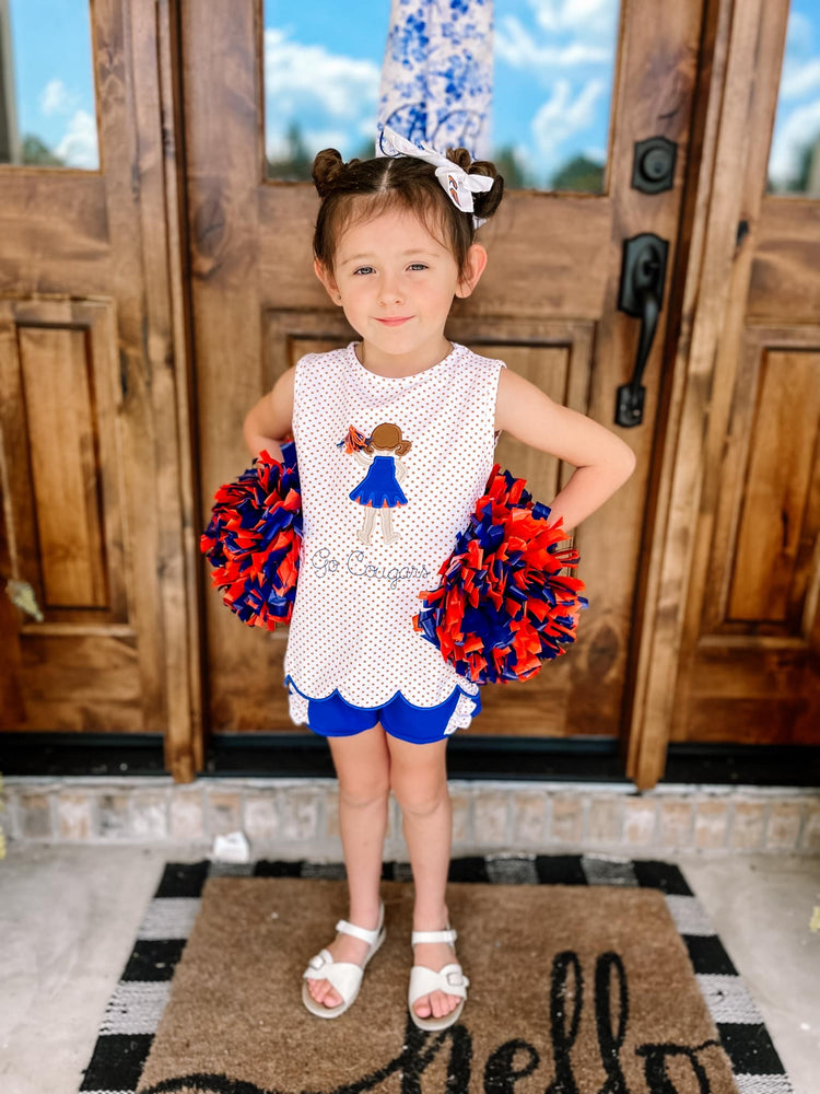 Girls Royal Blue and Orange Cheerleader Short Set (cheerleader only)