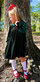 Girls Green Velvet Bow Embroidered Bloomer Set/ Dress RTS