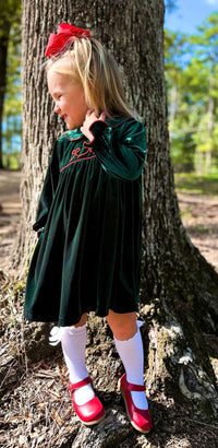 Girls Green Velvet Bow Embroidered Bloomer Set/ Dress RTS