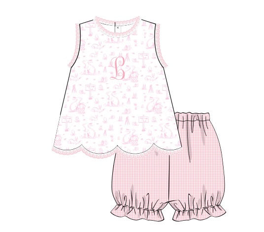 PRE ORDER Girls Bunny Trail Toile Bubble Bloomer Set | ETA to LBS:FEBRUARY