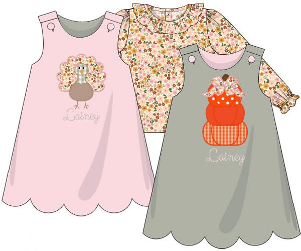 PRE ORDER Girls Reversible Appliqué Pumpkin and Turkey Dress | ETA to LBS: SEPTEMBER