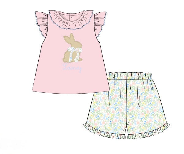 PRE ORDER Girls Appliqué Sweet Springtime Bunny Ruffle Short Set | ETA to LBS: FEBRUARY
