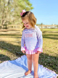 Girls Smocked “SEASIDE” Blooming Bows 2 Piece Rash-Guard Swimsuit UPF 50+