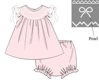 PRE ORDER Girls Pink Smocked Pearl Bows Bloomer Set ETA: MAY