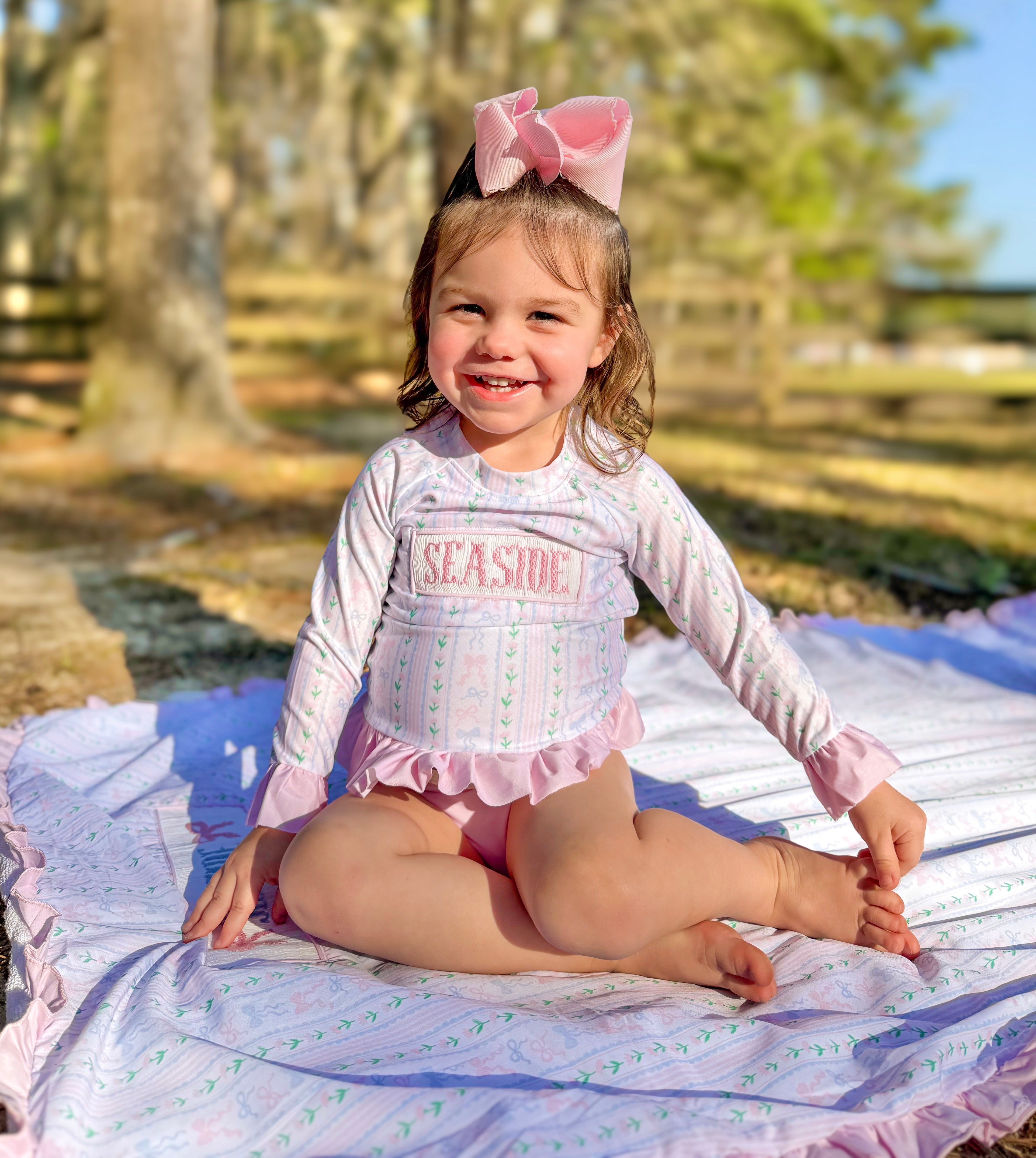 Girls Smocked “SEASIDE” Blooming Bows 2 Piece Rash-Guard Swimsuit UPF 50+