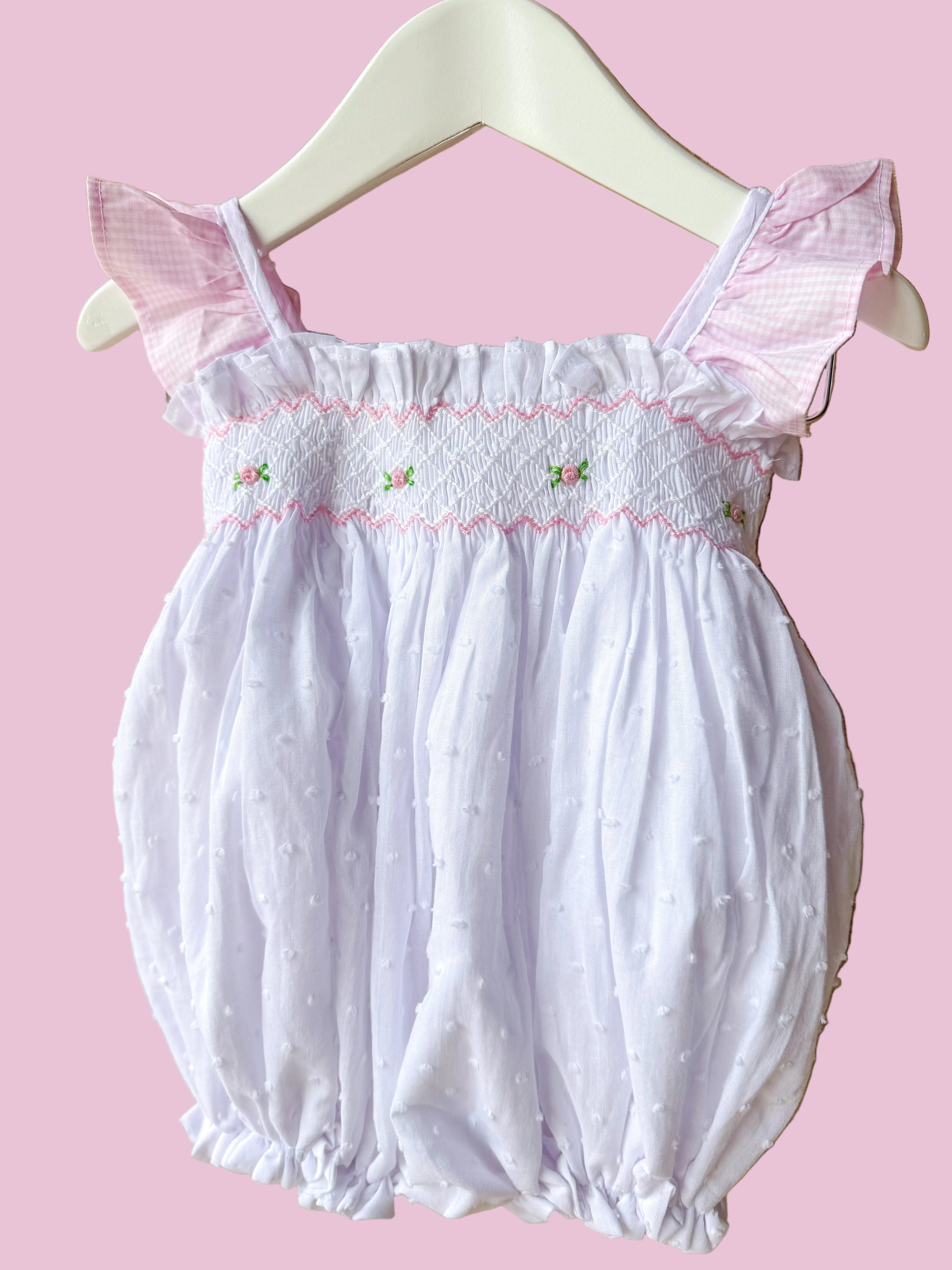 Girls White Swiss Dot Smocked Bubble