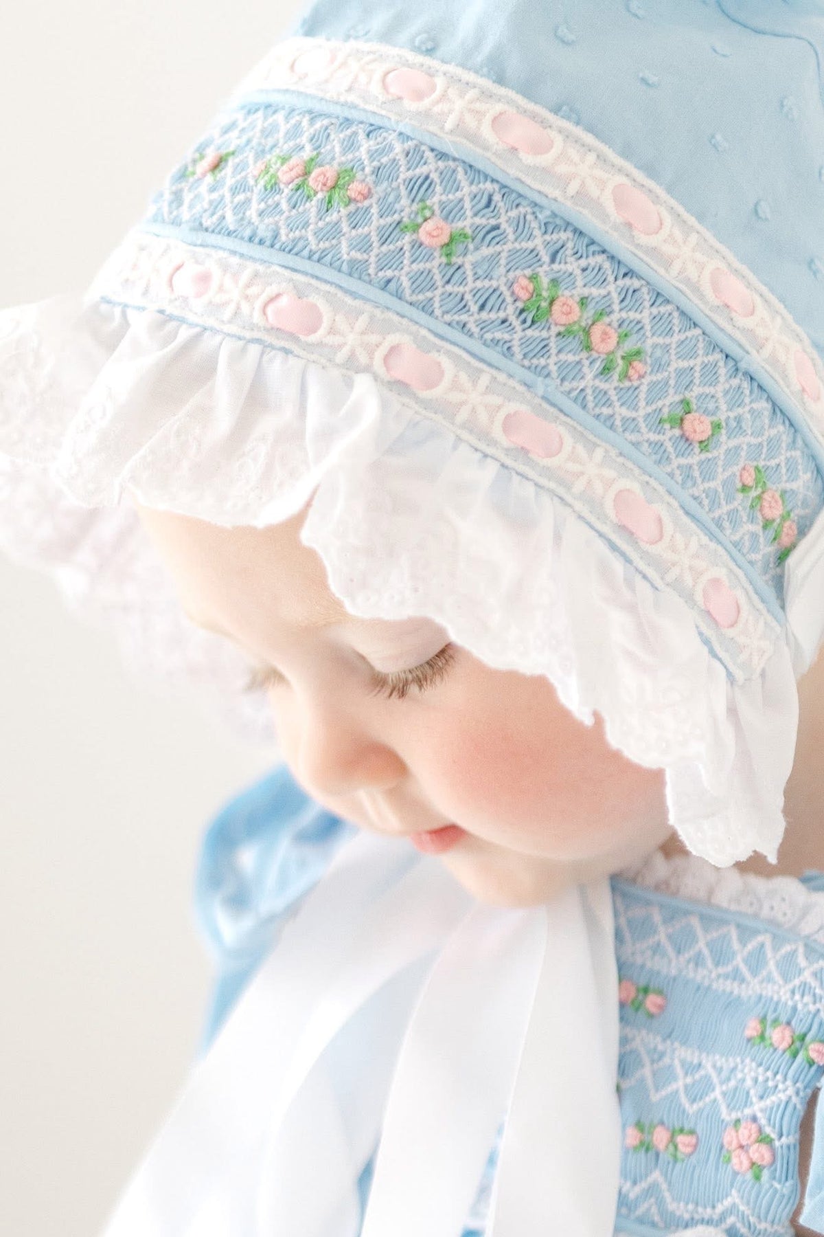 PRE ORDER Girls Blue Swiss Dot Smocked Bonnet| ETA to LBS: JANUARY