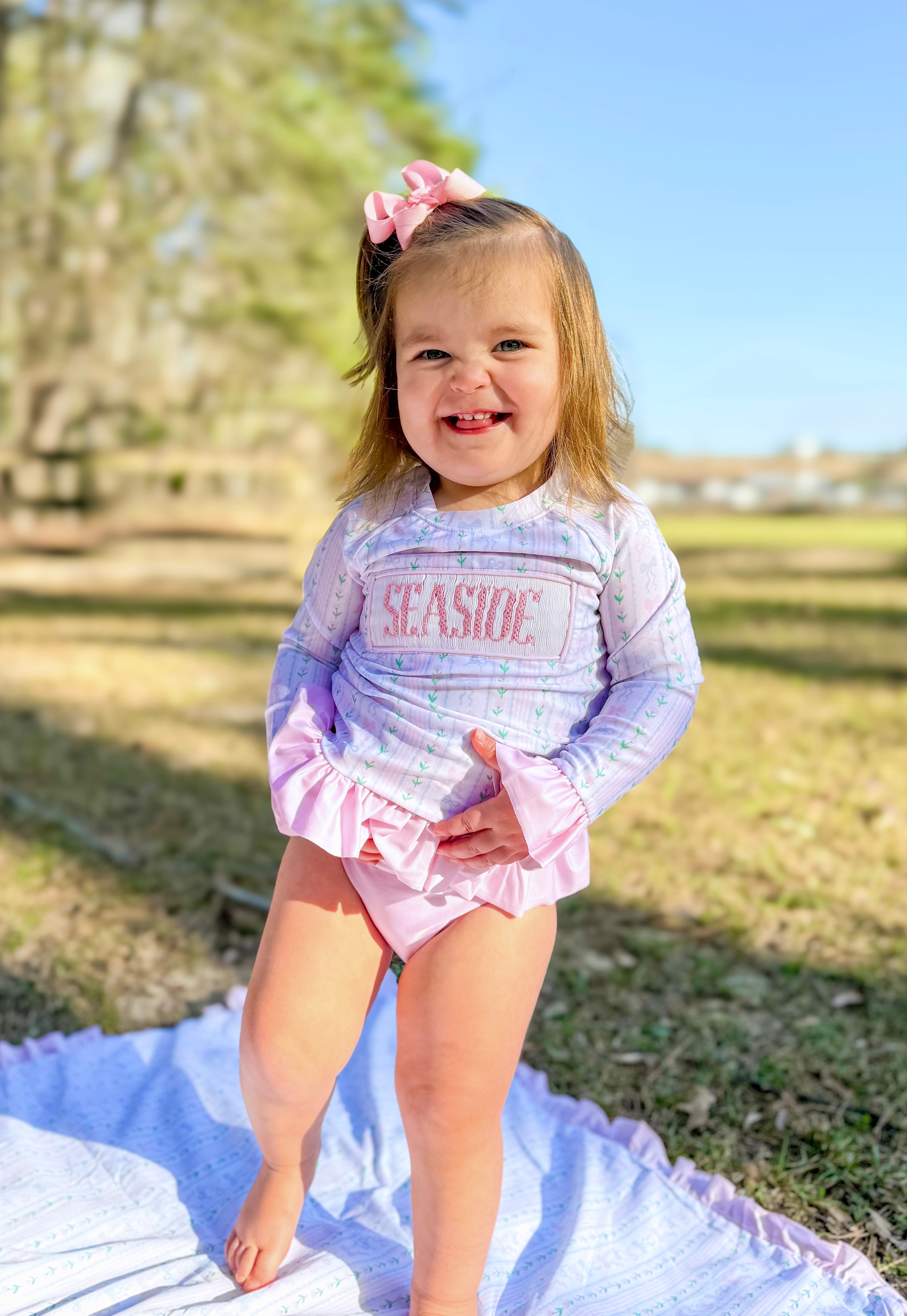Girls Smocked “SEASIDE” Blooming Bows 2 Piece Rash-Guard Swimsuit UPF 50+