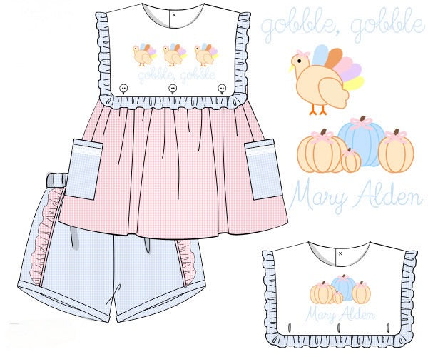 Girls Pumpkin and Turkey Reversible Short Set