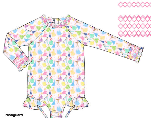 Girls Princess Parade Long Sleeve Rashguard Swimsuit- UPF 50+