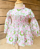Girls Pink & Green Toile Smocked Bloomer Set