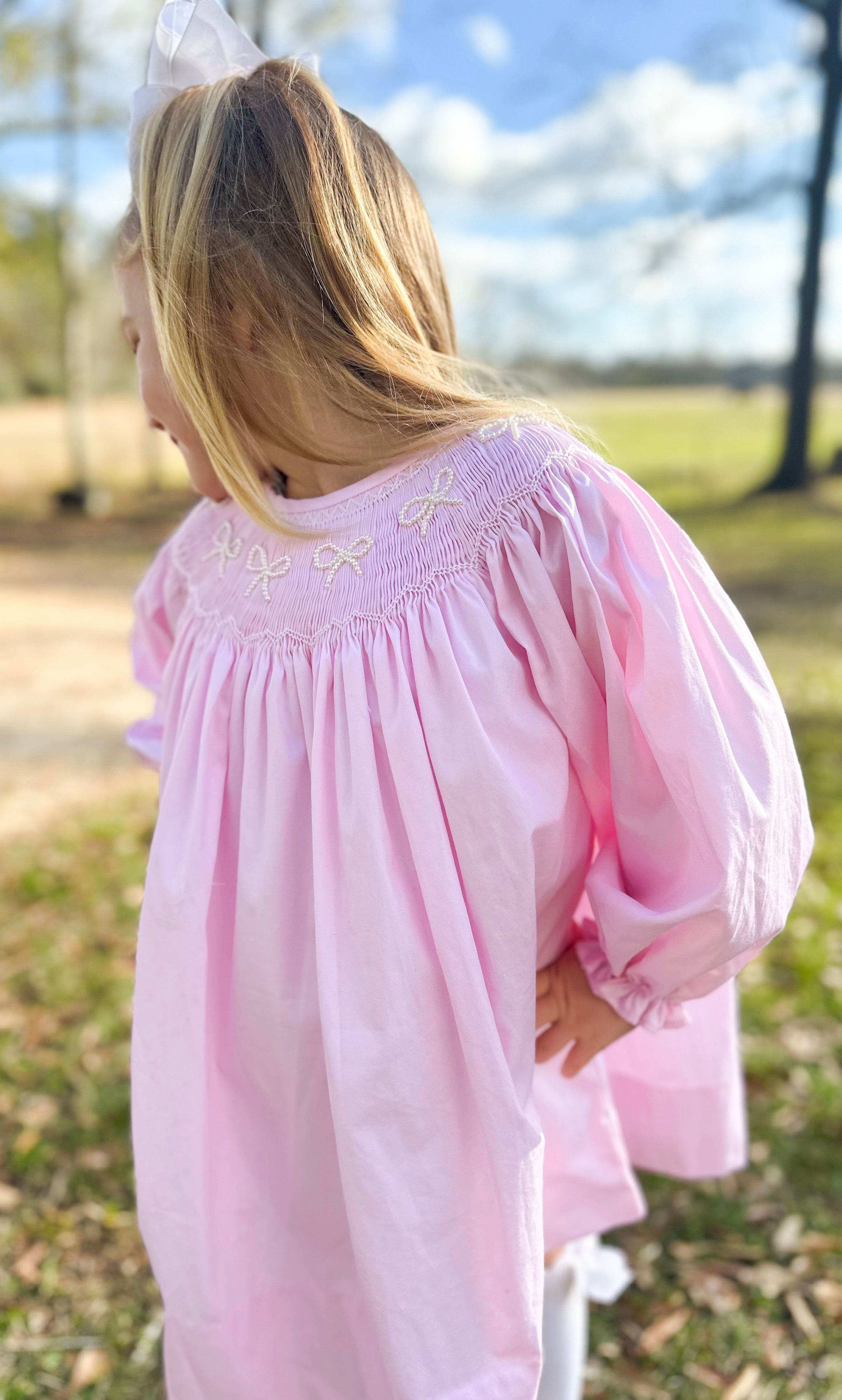 Girls Smocked Pearl Bows Dress