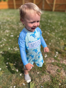 Boys Smock “CATCHIN WAVES” Sea Turtle One-Piece Rash-Guard Swimsuit UPF 50+