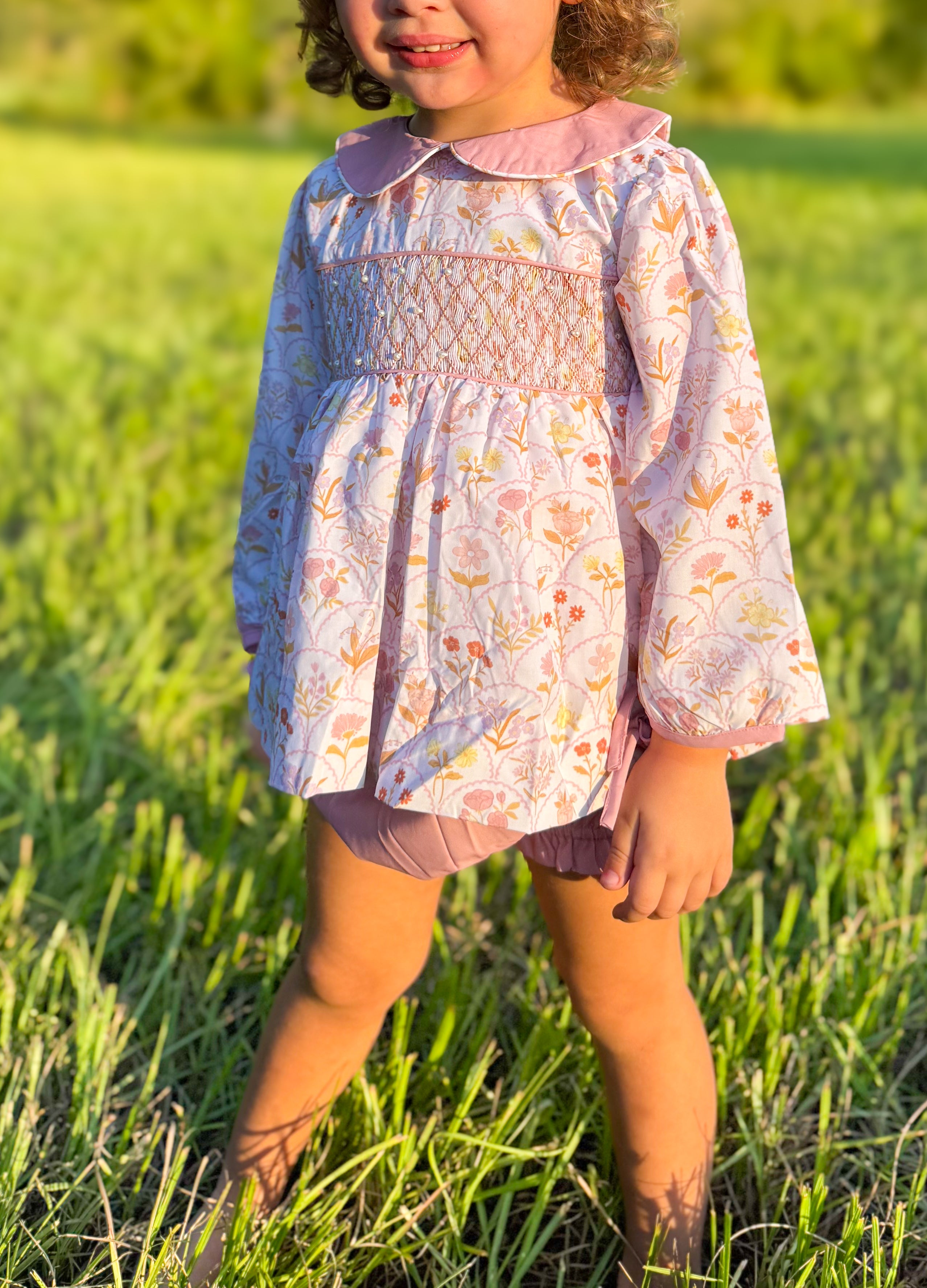 Girls Antique Floral Smocked Bloomer Set