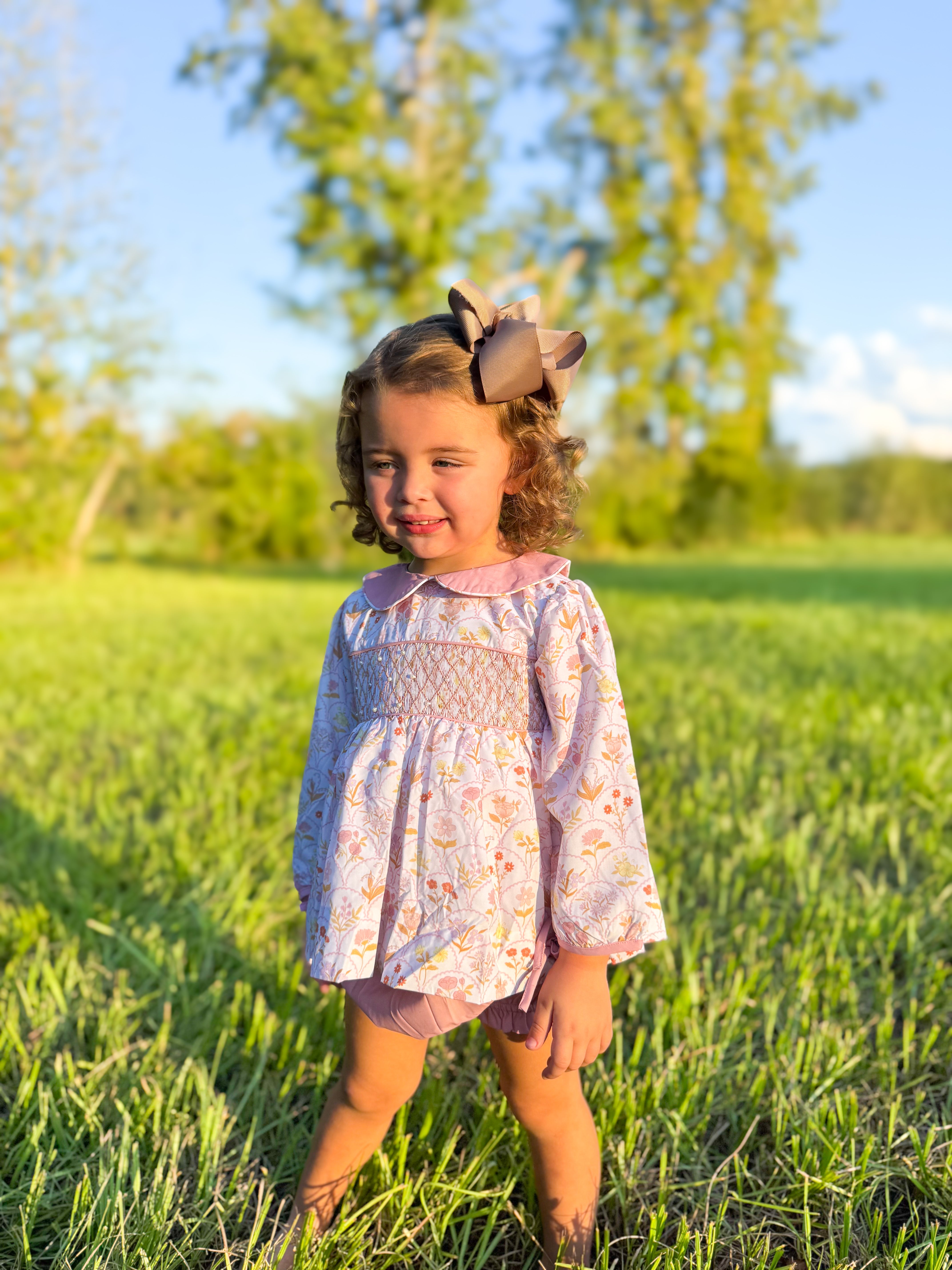 Girls Antique Floral Smocked Bloomer Set
