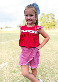Maroon Smocked Footballs and Bows Tie Skort