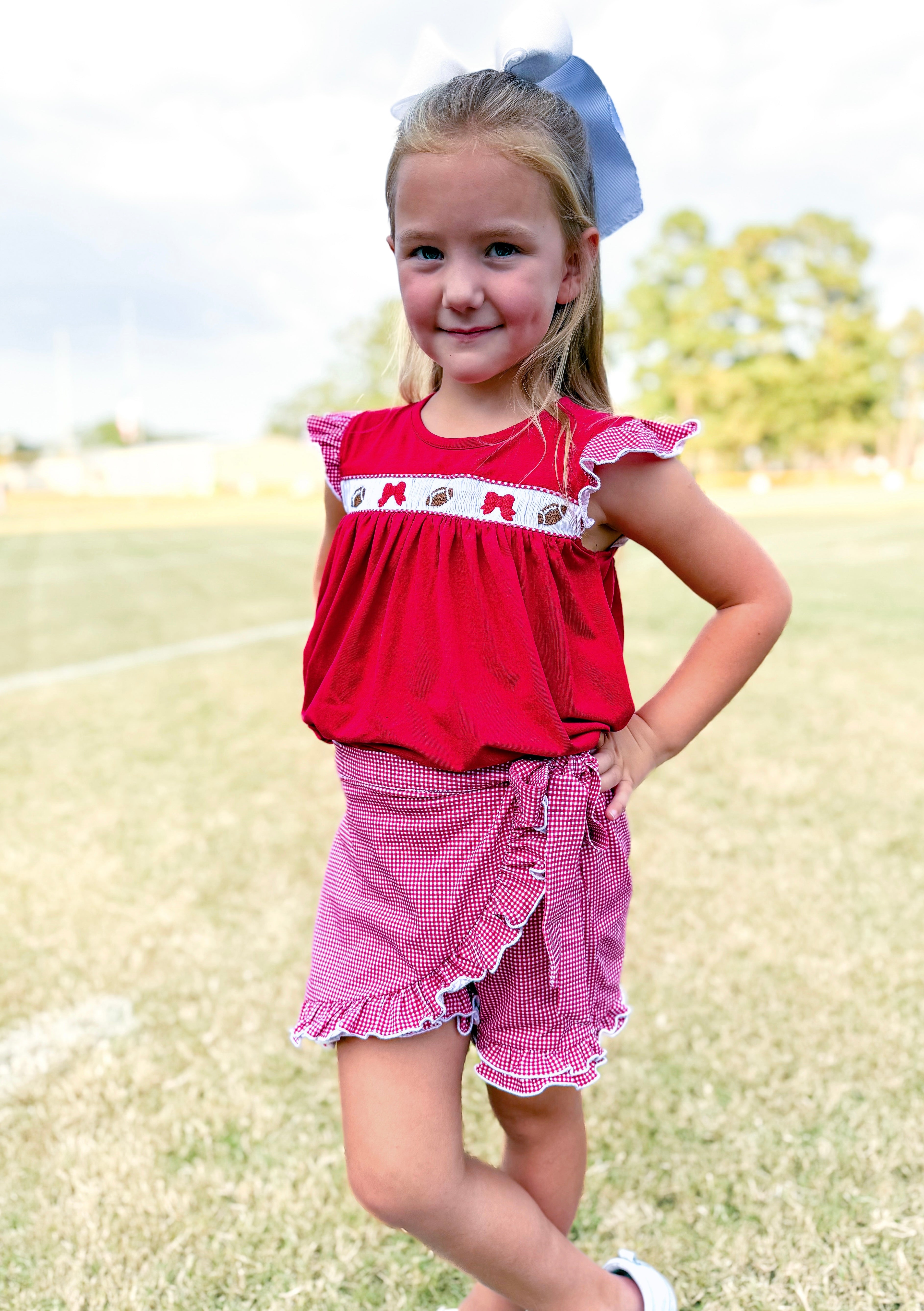 Maroon Smocked Footballs and Bows Tie Skort