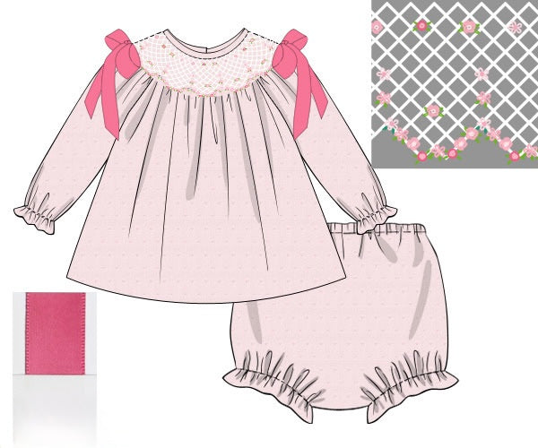 PRE ORDER Girls Smocked Swiss Dot Rose Garden Bloomer Set & Dress | ETA to LBS: DECEMBER
