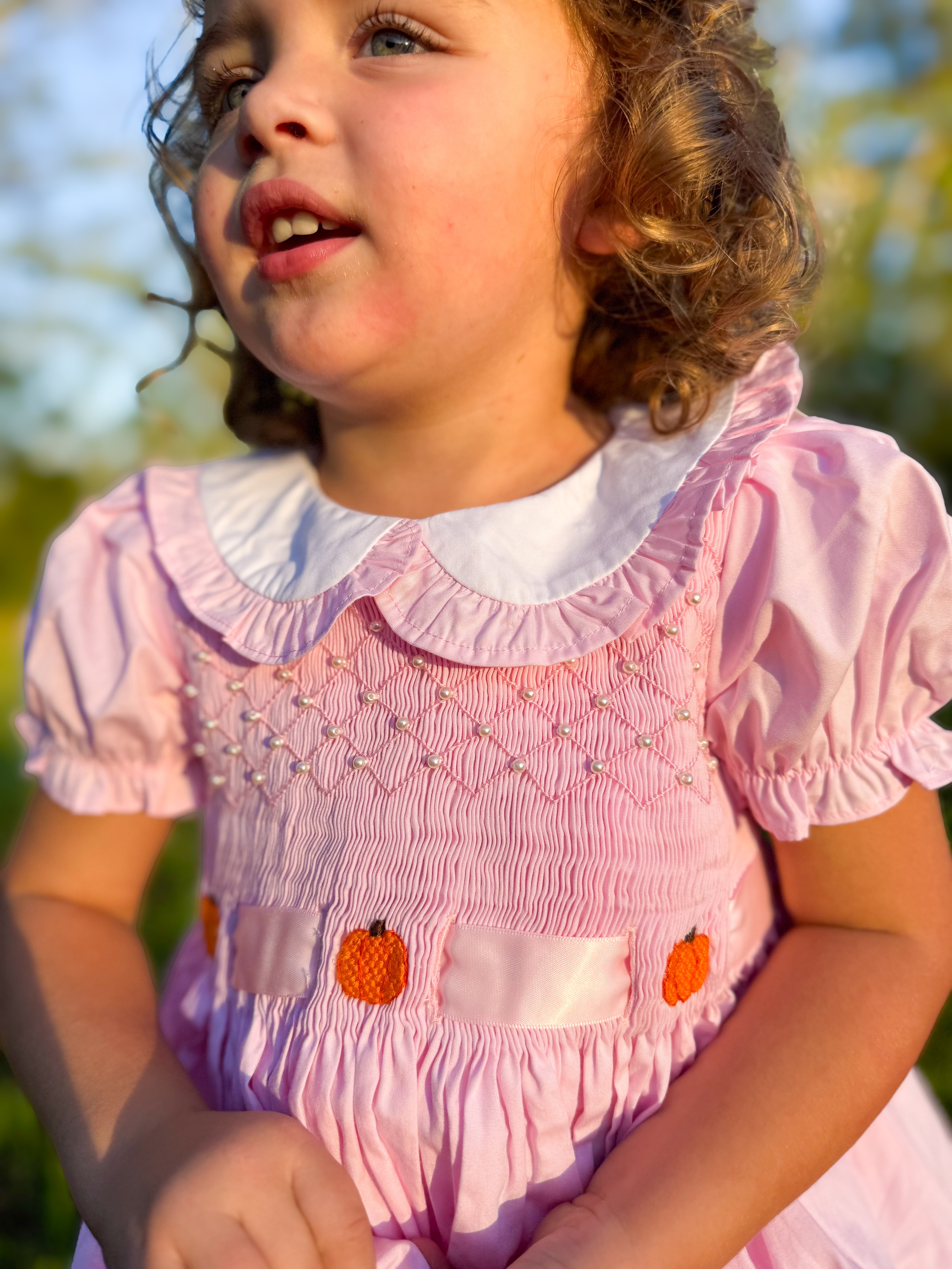 Girls Fancy Pumpkins Smocked Bloomer Set