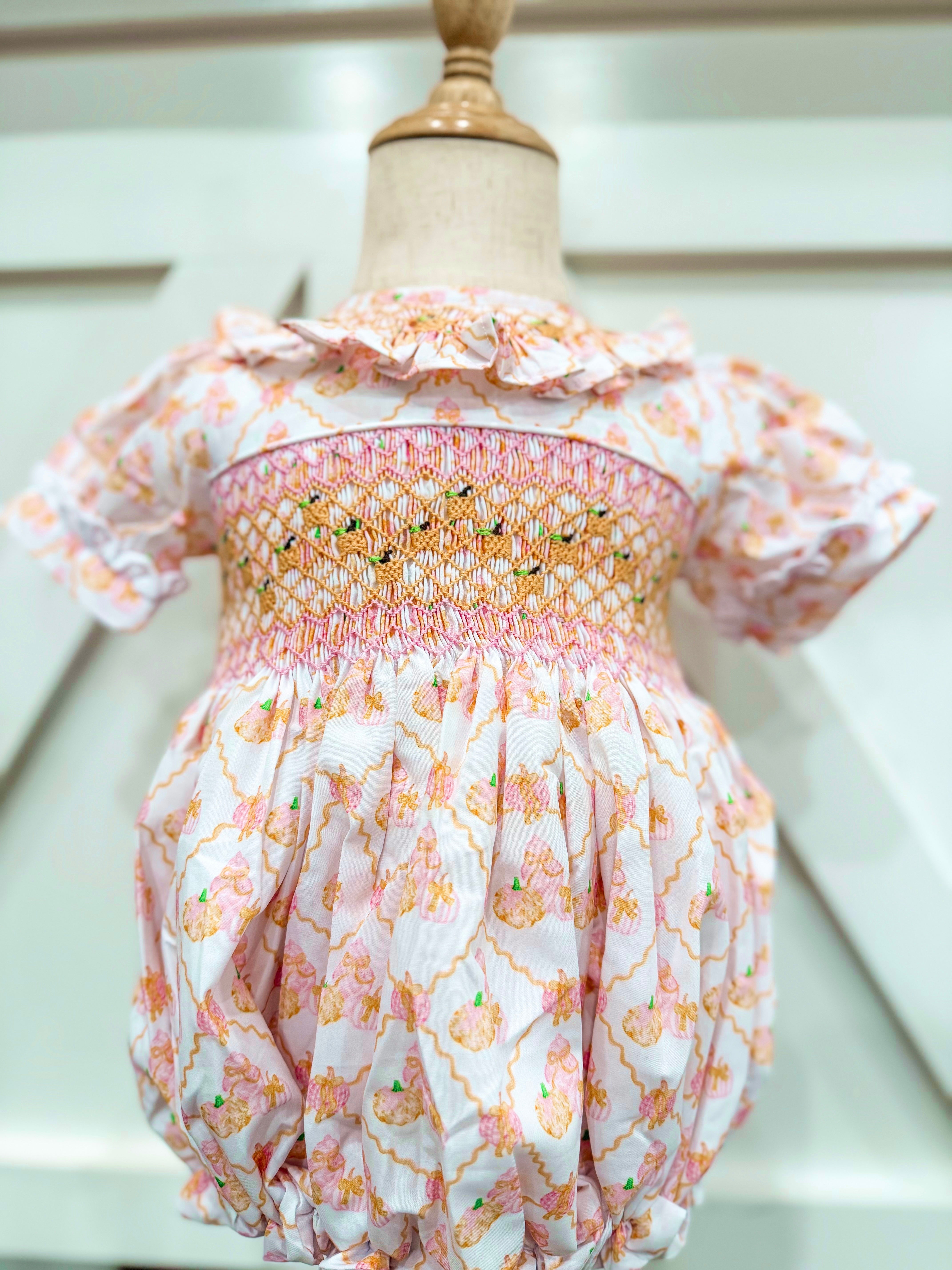 Girls Pumpkin Heirloom Smocked Bubble