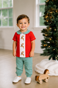 PRE ORDER Boys Embroidered Gingham Reindeer Ankle Pant Set| ETA to LBS: OCTOBER