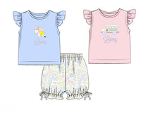 Girls Appliqué 2-Tops School Floral Bloomer Shorts Set