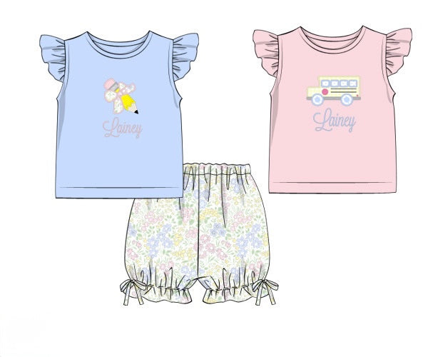 PRE ORDER Girls Appliqué 2-Tops School Floral Bloomer Shorts Set | ETA to LBS: JUNE