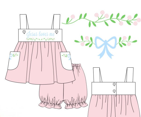 PRE ORDER Girls Embroidered Jesus Loves Me Bloomer Set & Dress | ETA to LBS: APRIL
