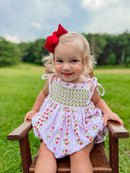 Girls Smocked Strawberry Print Bubble