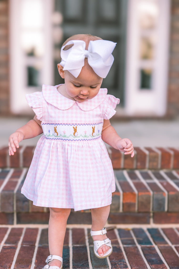 Girls Gingham Bunny Smocked Knit Bloomer Set/ Dress