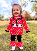 Girls Mouse Smocked Pullover Ruffle Pants Set