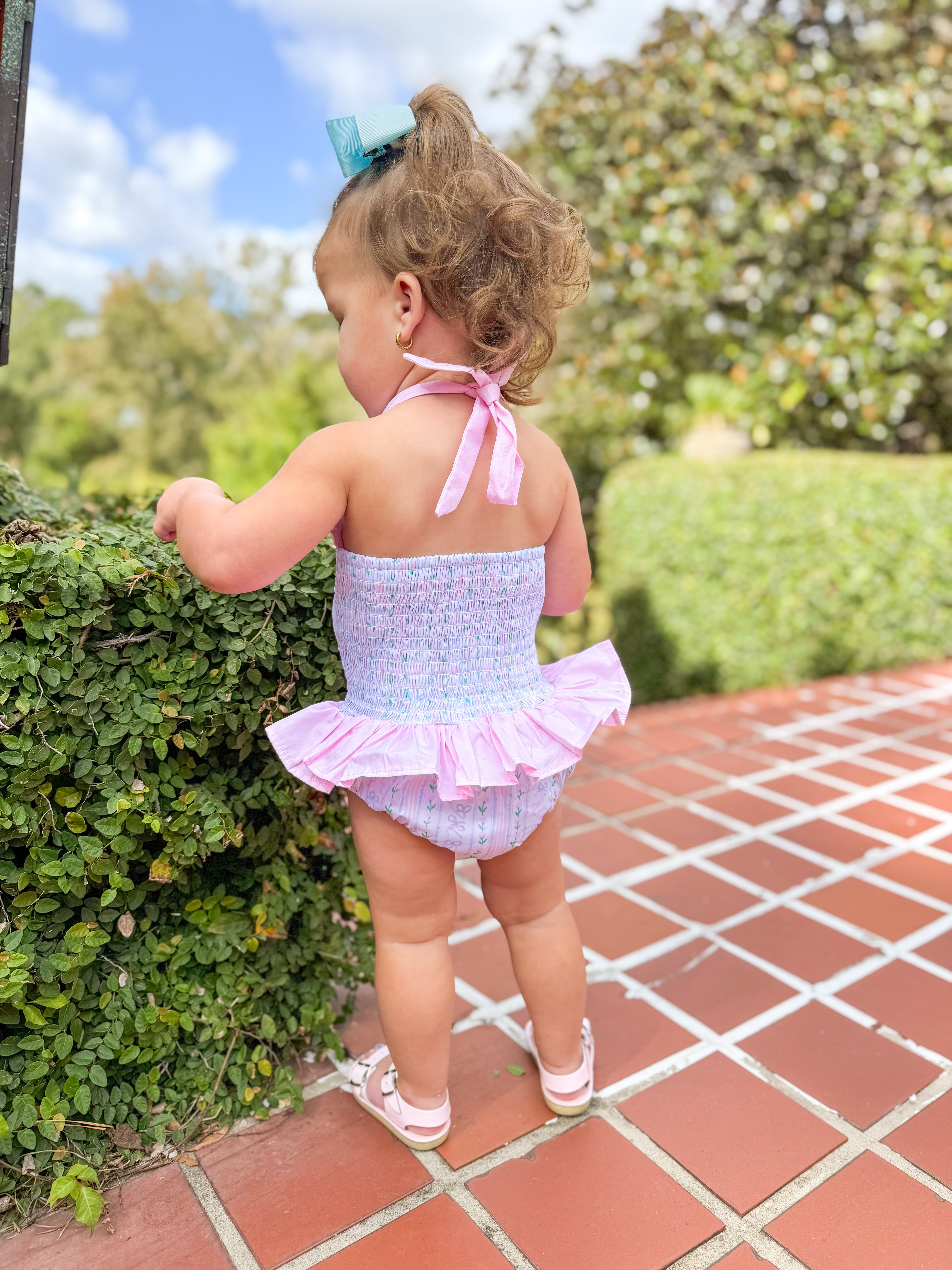 PRE ORDER Girls Name Smock Blooming Bows One-Piece Rash-Guard Swimsuit UPF 50+ | ETA to LBS: March