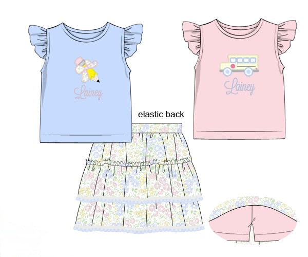 PRE ORDER Girls Appliqué 2-Tops School Floral Skort Set | ETA to LBS: JUNE