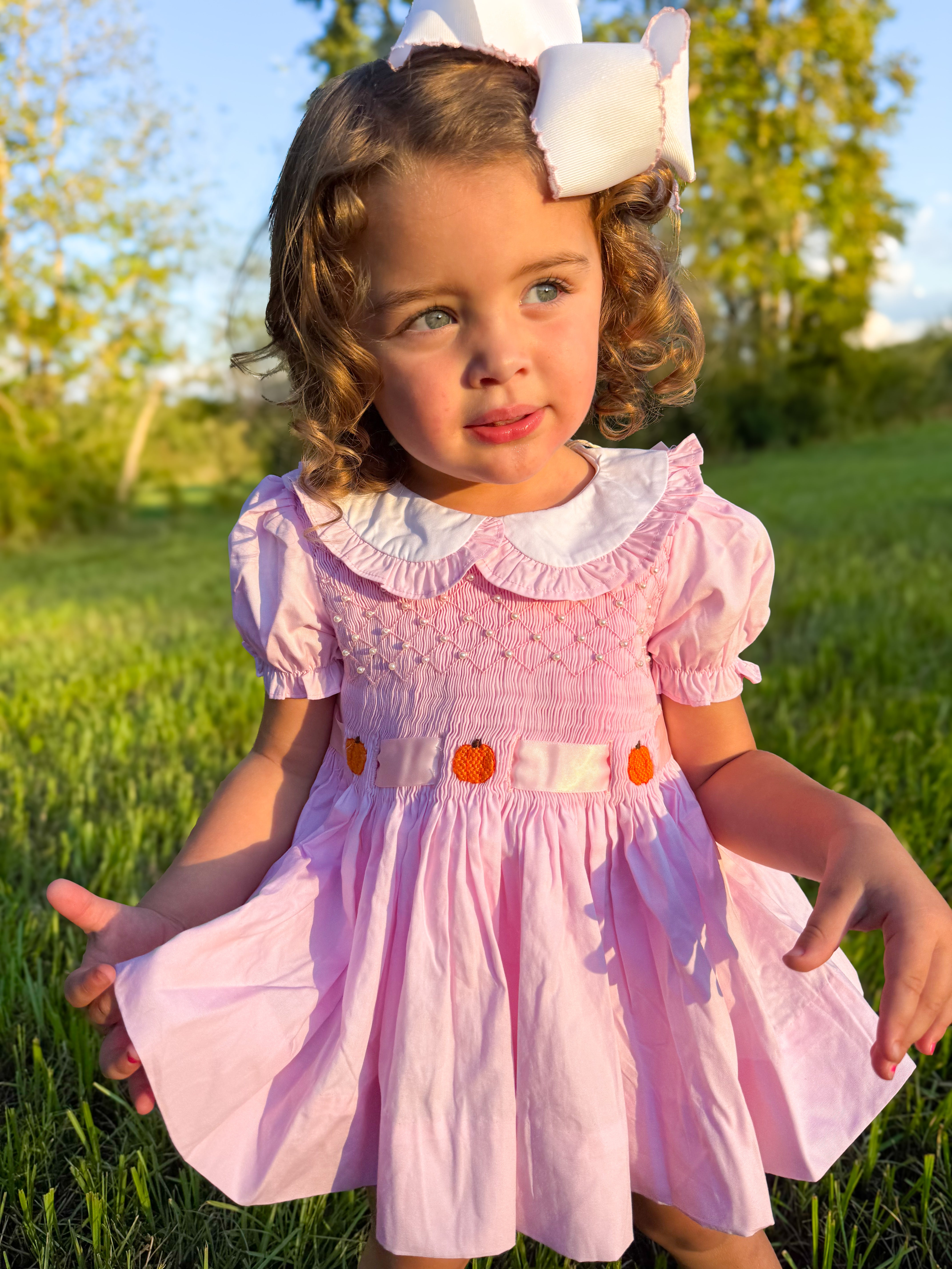 Girls Fancy Pumpkins Smocked Bloomer Set