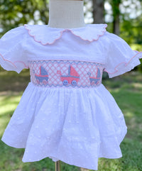 Girls Smocked Swiss Dot Baby Carriages Bloomer Set & Dress