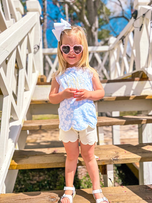 Girls Blue Floral Scalloped Short Set