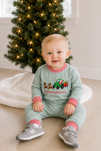 PRE ORDER Boys Dashing Through The Farm Embroidered Long Romper | ETA to LBS: OCTOBER