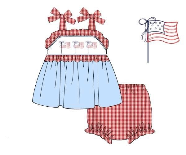 Girls Flag Embroidered Bloomer Set and Dress