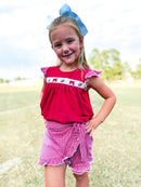 Maroon Smocked Footballs and Bows Tie Skort