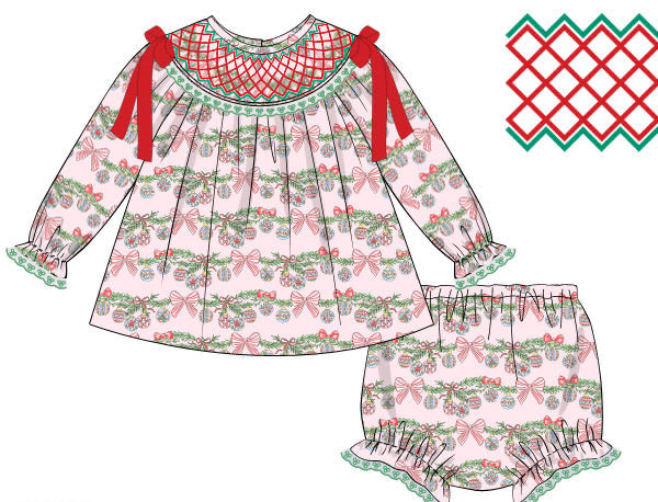 PRE ORDER Girls Smocked Christmas Garland Bloomer Set & Dress | ETA to LBS: OCTOBER
