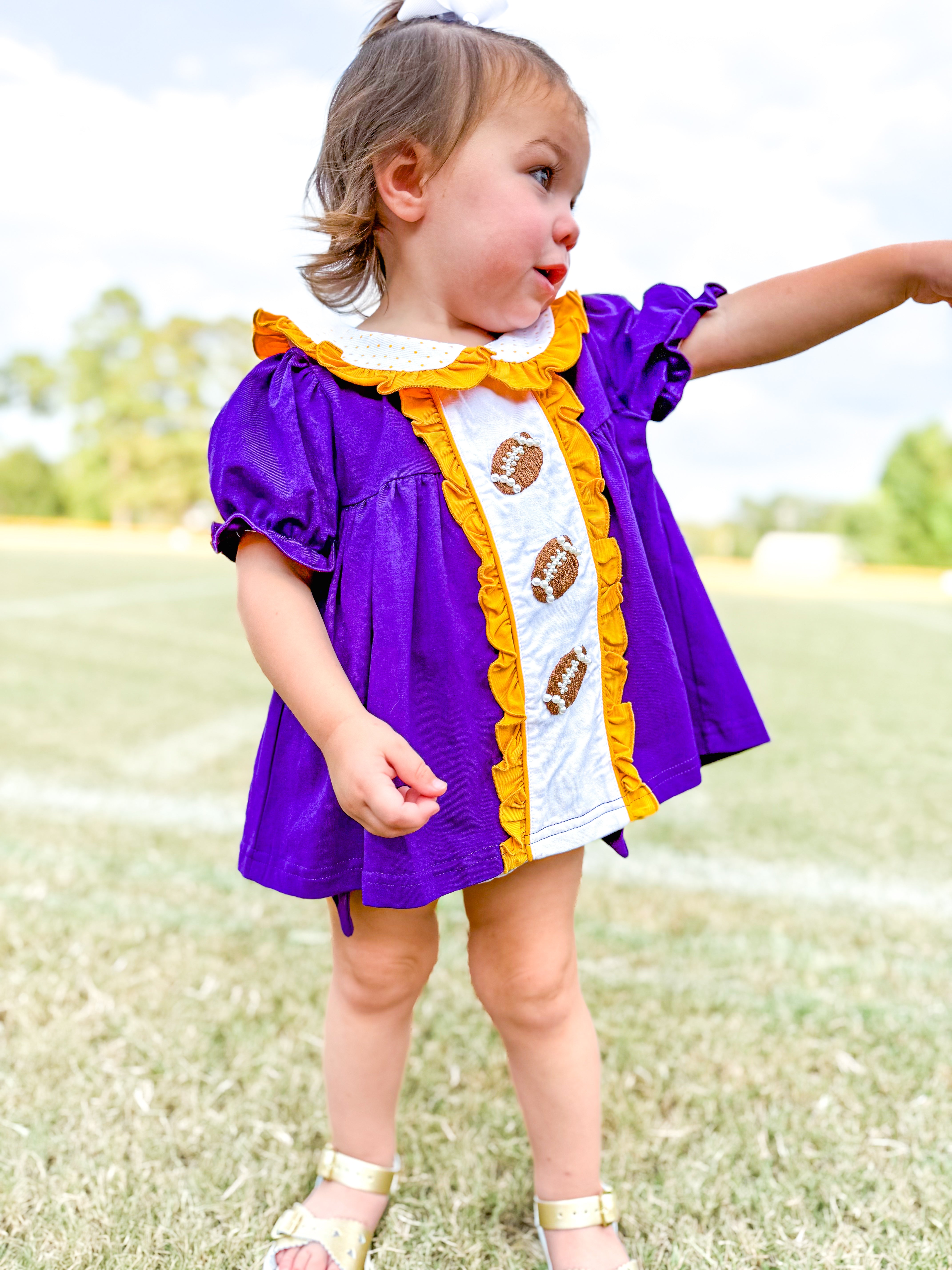 Purple & Gold Pearl Hand Embroidered Footballs Bloomer Set