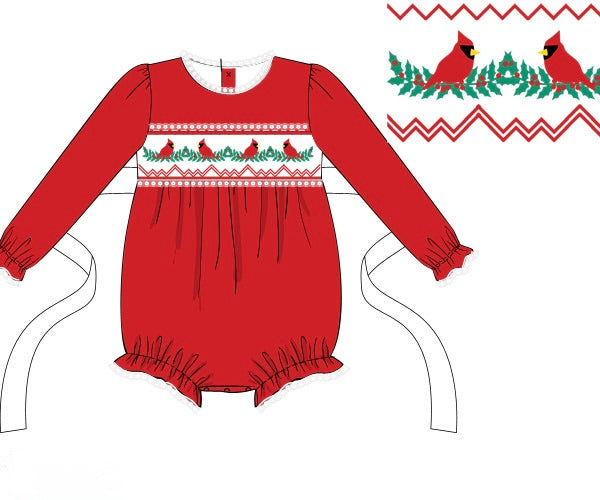 PRE ORDER Girls Smocked Christmas Cardinals Bubble | ETA to LBS: OCTOBER