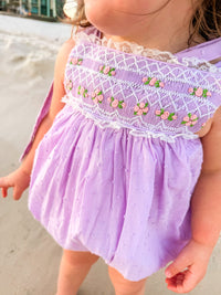 Girls Purple Swiss Dot Heirloom Smocked Bubble