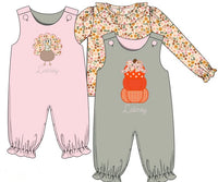 PRE ORDER Girls Reversible Appliqué Pumpkin & Turkey Long Romper | ETA to LBS: SEPTEMBER