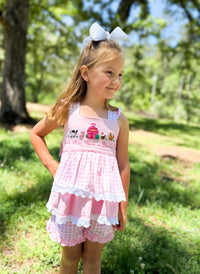 Girls French Knot Oink, Moo, Cock-a-Doodle Doo Ruffle Short Set