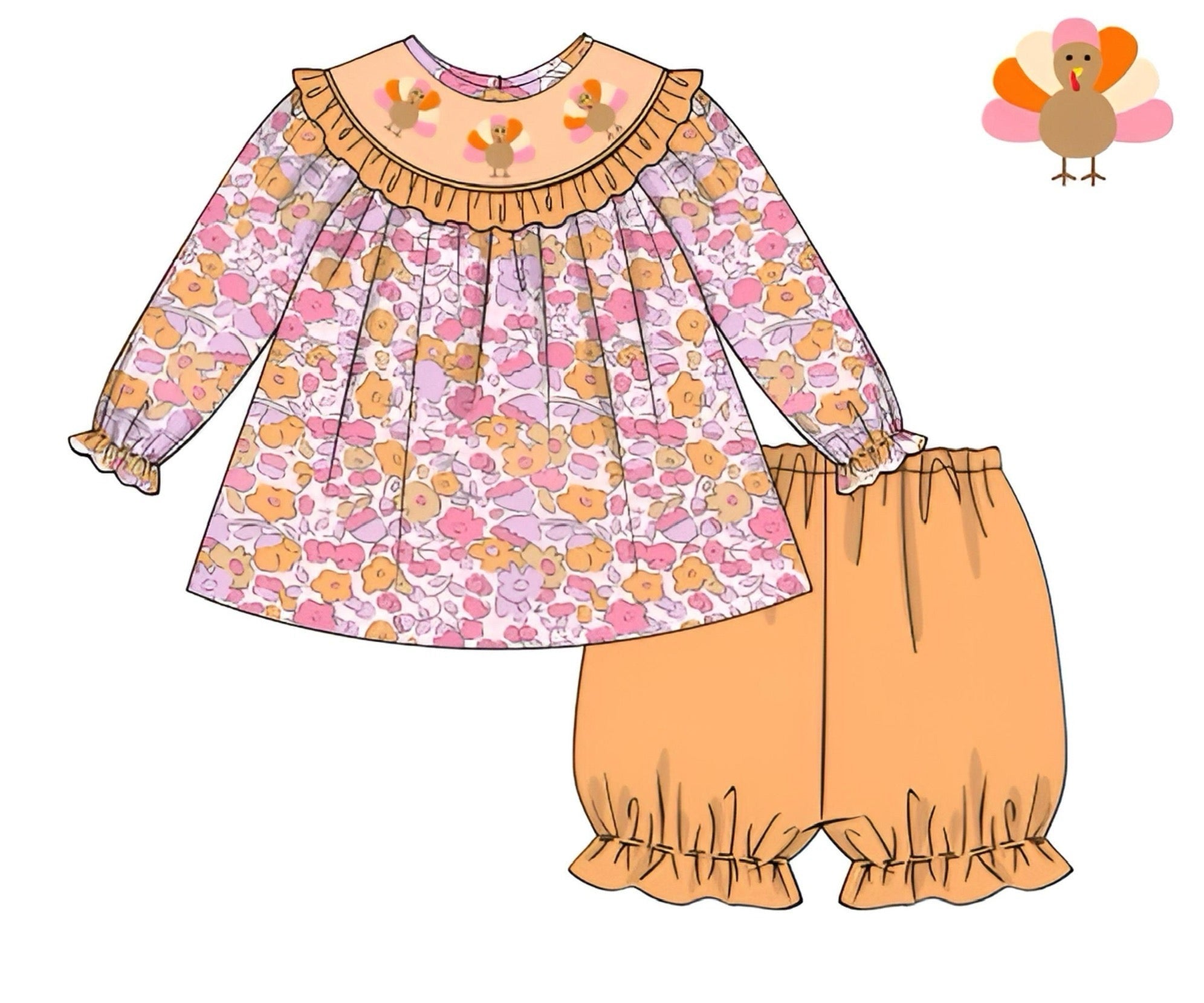 Girls Floral Smocked Turkeys Bloomer Set