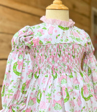 Girls Pink & Green Toile Smocked Bubble